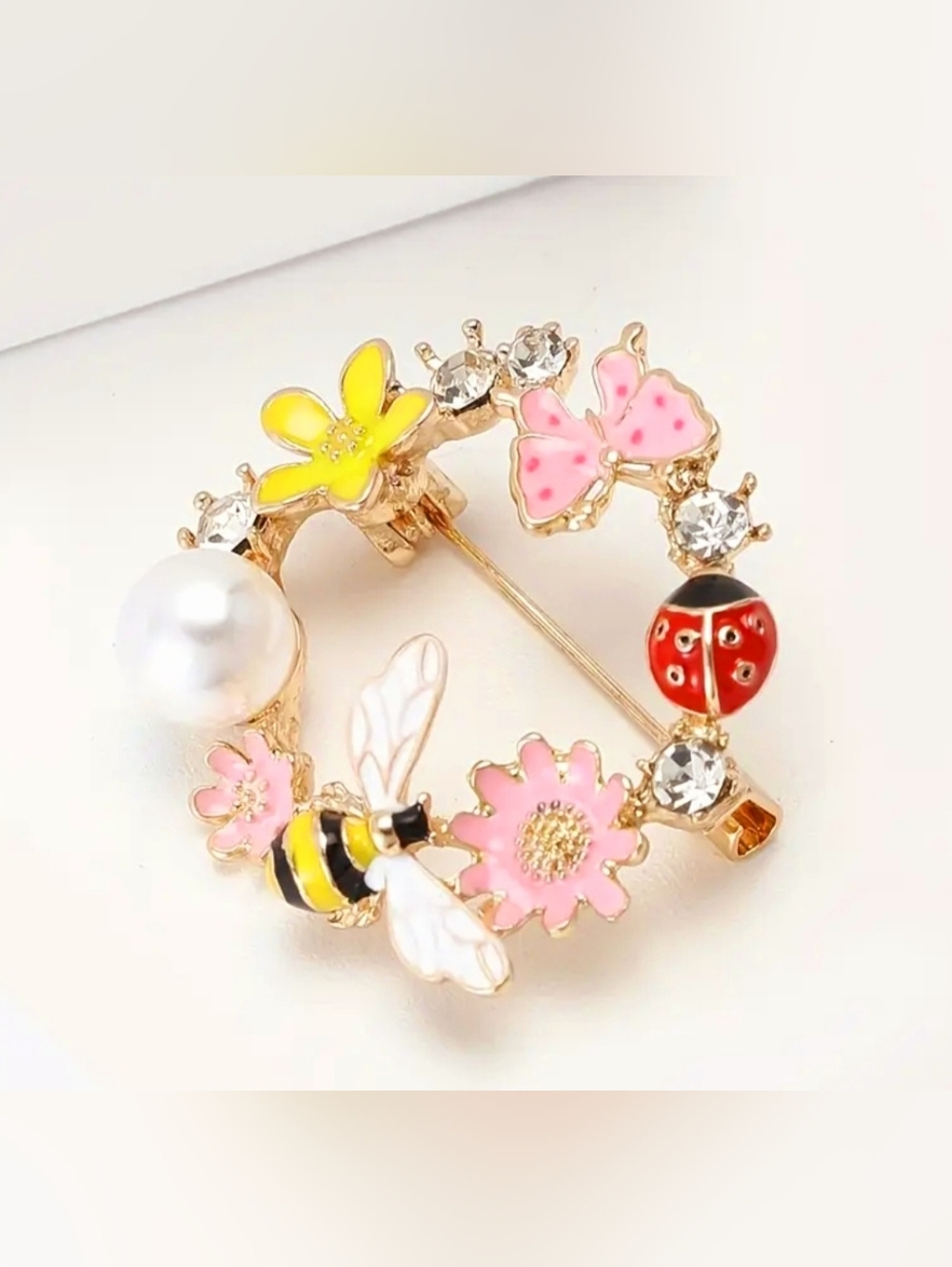 Wreath Floral Brooch with Bee, Ladybug, and Pearl - Picture 5 of 6